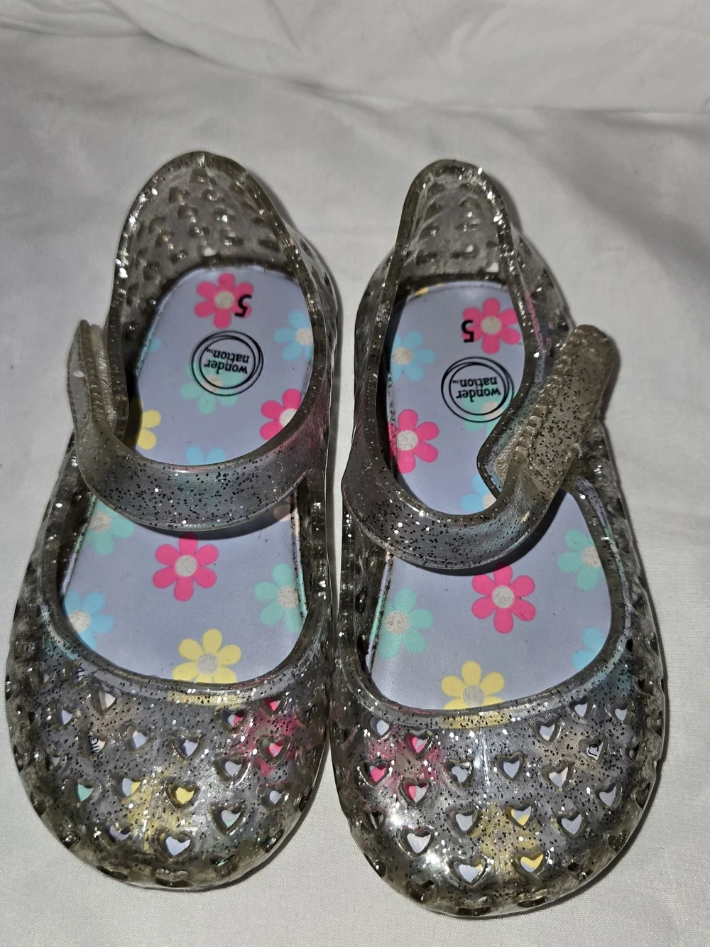 Wonder Nation Silver Glitter Jelly Mary Jane Sandals with Floral Insole SZ 5